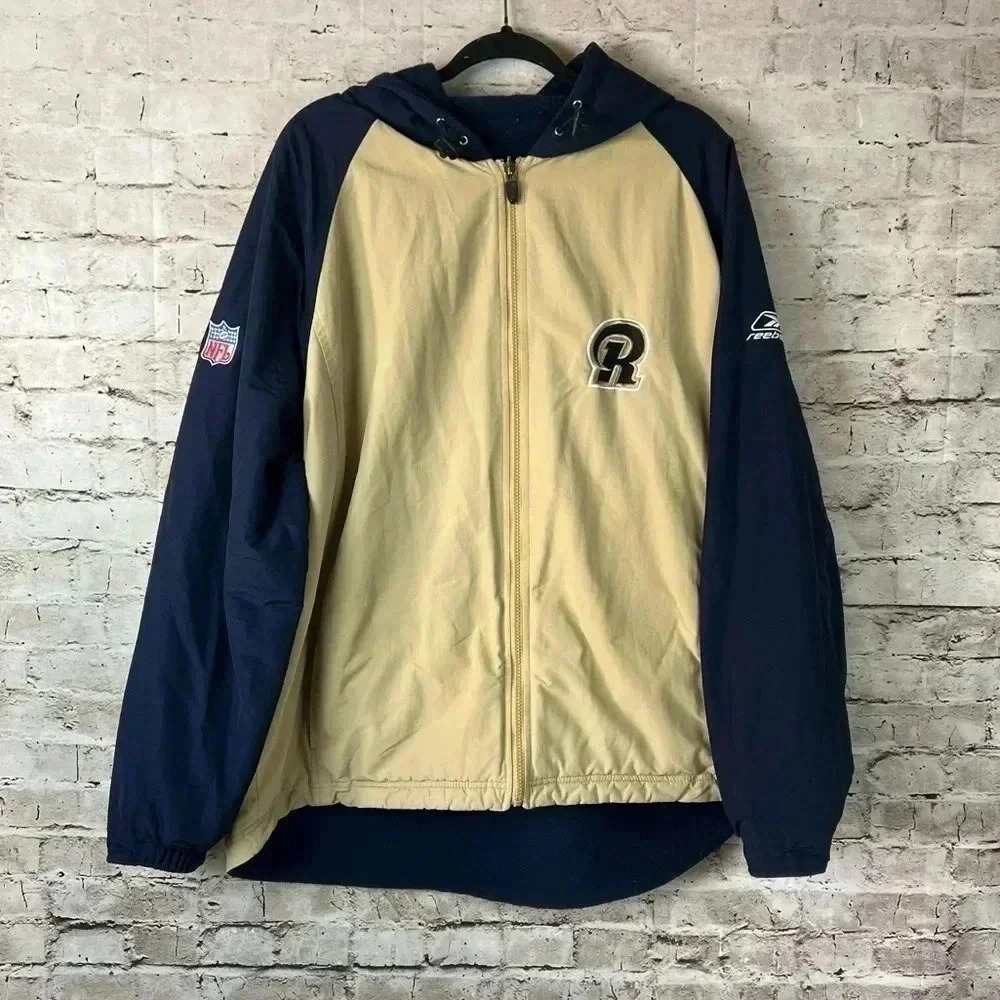 St. Louis Rams Reebok Mens XL NFL Reversible Fleece Jacked Hooded Gold Navy Blue